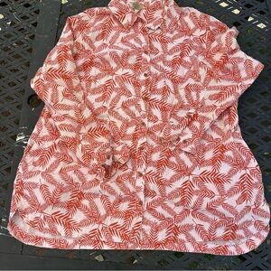Duluth women’s button down tunic pockets white orange accents 3/4 sleeves 2X